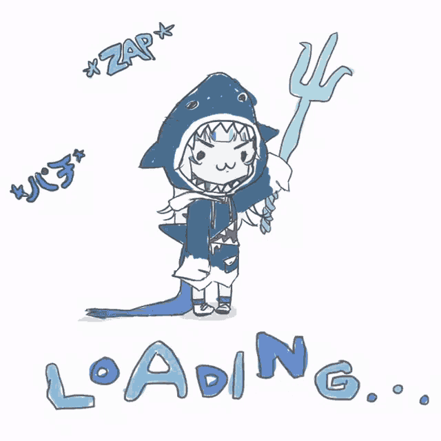 a drawing of a shark holding a trident and the words loading