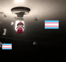 a pixel art of a girl in a red dress is hanging from a ceiling next to a transgender flag