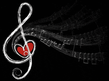 a drawing of a treble clef with a heart and the words tune in red