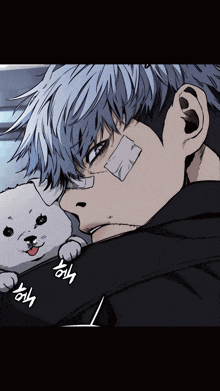 a man with a bandage on his face holds a small dog