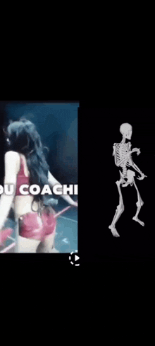 a woman is dancing next to a skeleton .