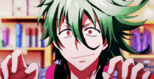a person with green hair and red eyes is making a funny face .