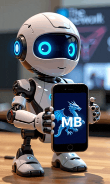 a robot is holding a cell phone that says mb on the screen