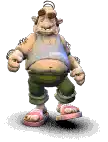 a cartoon character wearing sunglasses and sandals is standing on the ground .