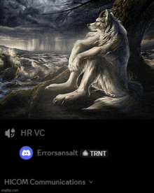 a painting of a wolf sitting under a tree with the words hr vc errorsansalt trnt below it