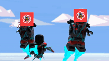 two lego figures with red squares on their faces are flying in the air