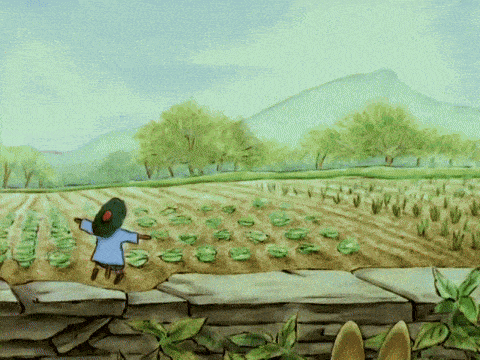 Benjamin and Peter see the scarecrow in the garden