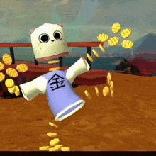 a cartoon character wearing a purple shirt with a chinese symbol on it is falling into a pile of gold coins .