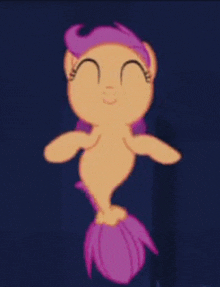 a cartoon pony with purple hair and a tail is swimming in the water .