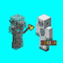 a minecraft character is standing next to a tree and holding a sword .