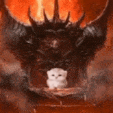 a white cat is sitting in front of a demon .