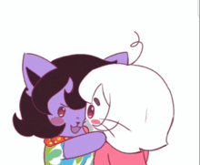 a drawing of two cartoon characters hugging with the words " mwah " written above them