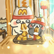 a cartoon drawing of two cats wearing mcdonald 's hats eating french fries