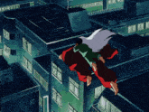 a cartoon character is flying over a building