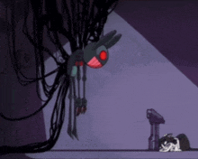 a cartoon of a rabbit with red eyes looking at a gun