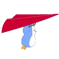 a penguin is carrying a red paper airplane on its head