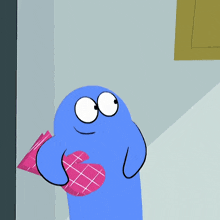 a blue cartoon character holds a pink oven mitt