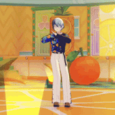 a cartoon character is standing in front of an orange and a pineapple