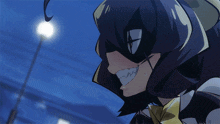 a close up of a cartoon character with a mask on her face