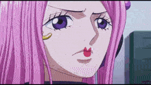 a girl with pink hair and purple eyes has a red lipstick on her lips
