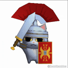 a cat wearing a helmet and holding a fan and shield