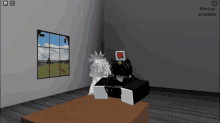 a girl in a black shirt that says bebra sits at a desk