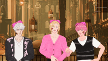 three anime characters with pink bows on their heads are standing next to each other