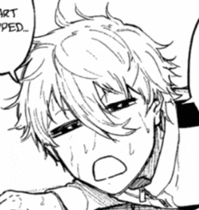 a black and white drawing of a boy with a speech bubble that says " art ped "