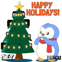 a penguin standing next to a christmas tree with the words happy holidays