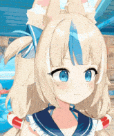 an anime girl with blonde hair and blue eyes