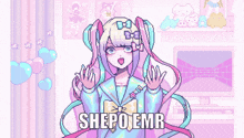 a pixel art drawing of a girl with the words shepoemr on the bottom
