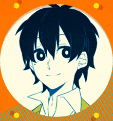 a drawing of a boy with black hair in a white circle