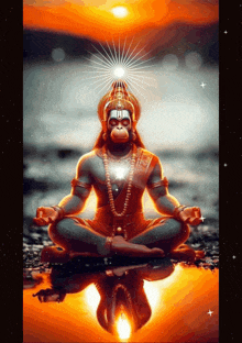 a statue of a monkey sitting in a lotus position with a reflection of him in the water