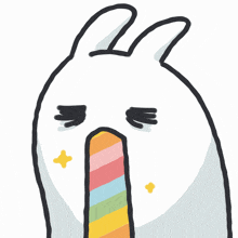 a cartoon drawing of a white rabbit with a rainbow colored nose