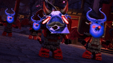 a group of lego monsters with horns and wings