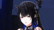 a close up of a girl with long black hair and a blue fringe