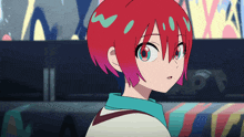a girl with red hair and blue eyes is looking at the camera