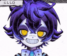 a cartoon character with purple hair and yellow eyes has a sign above his head that says ' nl '