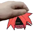 a hand is holding a cartoon character with red hair and a black face .