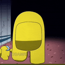 a yellow among us character is standing next to another yellow character in a room .