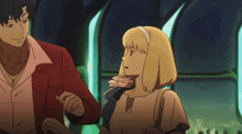 a man in a red jacket holds a woman 's hand in a cartoon scene