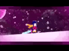 a pixel art of a girl holding a sword in a purple background .