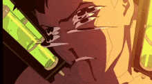 a cartoon drawing of a man holding a green container in his mouth