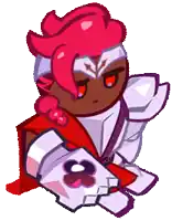 a cartoon character with red hair and white armor is holding a card in his hands .