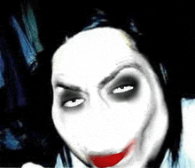 a close up of a person 's face with a smiley face and a red lip .