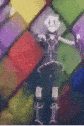 a skeleton is standing in front of a rainbow of squares .