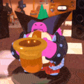 a cartoon character is playing a trumpet with a party hat on