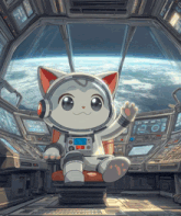 a cartoon cat in a space suit is sitting in a cockpit