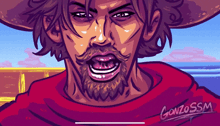 a cartoon drawing of a man with a beard and gonzossm written on the bottom