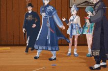 a group of anime characters are standing in a room and one of them is wearing a blue dress